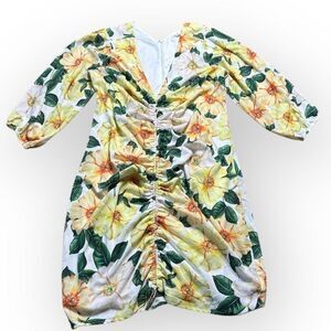 Curvy Ruched Bodycon Dress Womens 1X Fitted Mini Yellow Sun Flower Floral Garden